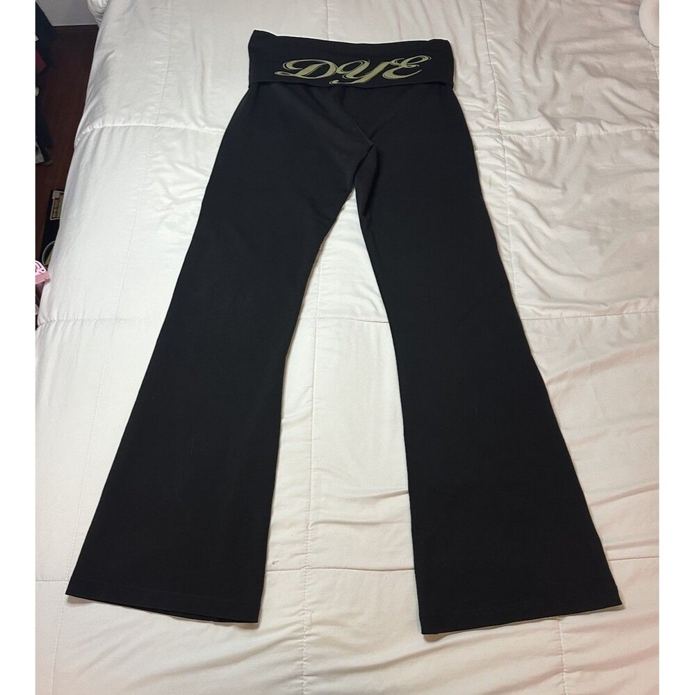 Y2K Dye Black Green Logo Flare Leggings M/L Womens Wide Leg Pants